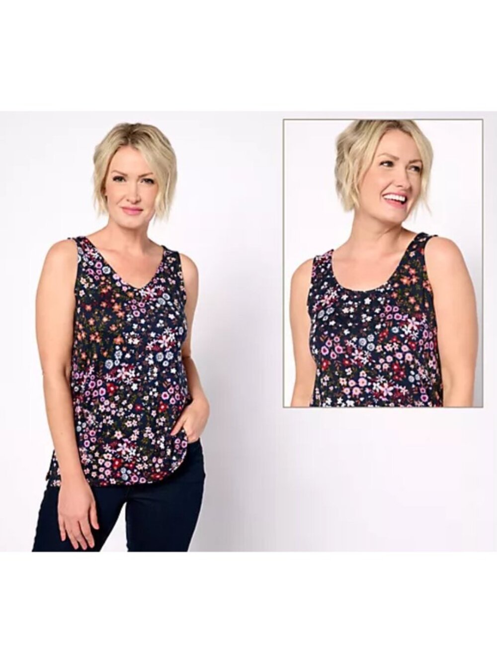 Cuddl Duds  Tank Top Seriously Soft Reversible Navy Ditsy Floral 3X A608191